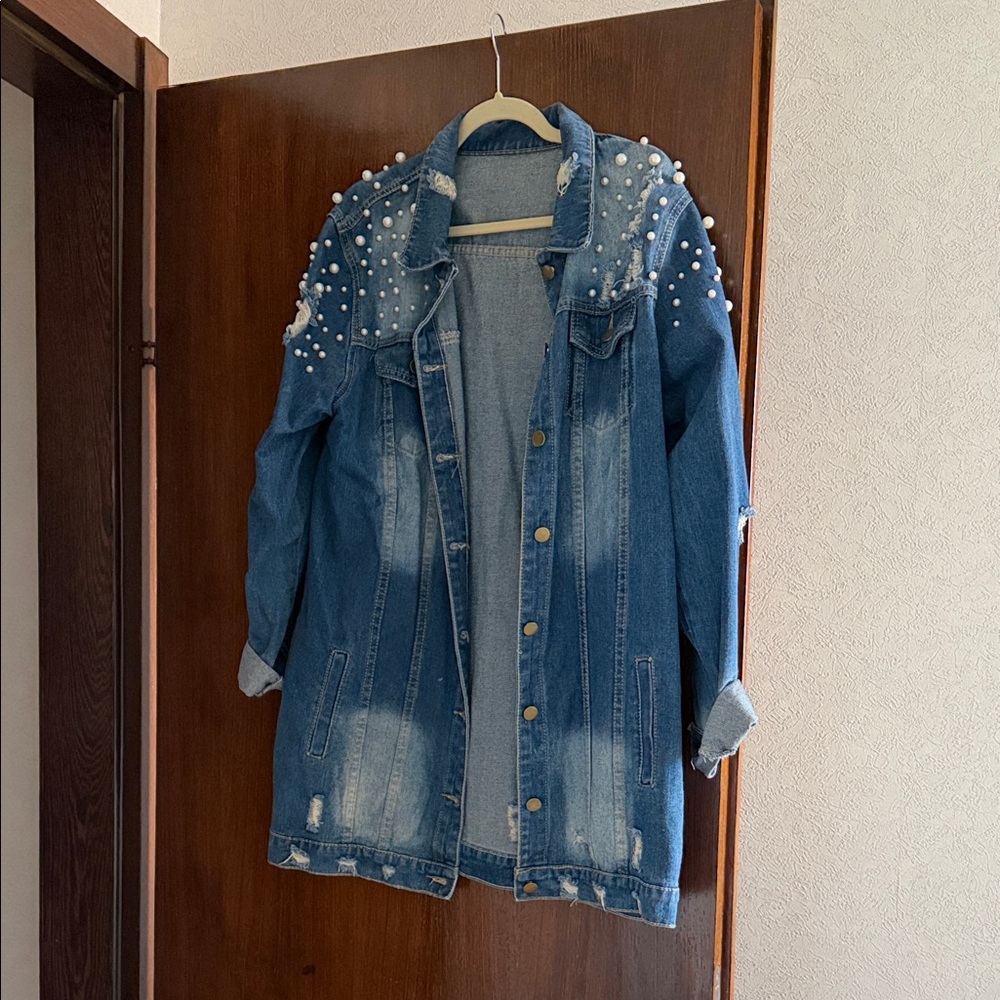 Pearl Embellished Blue Jean Jacket